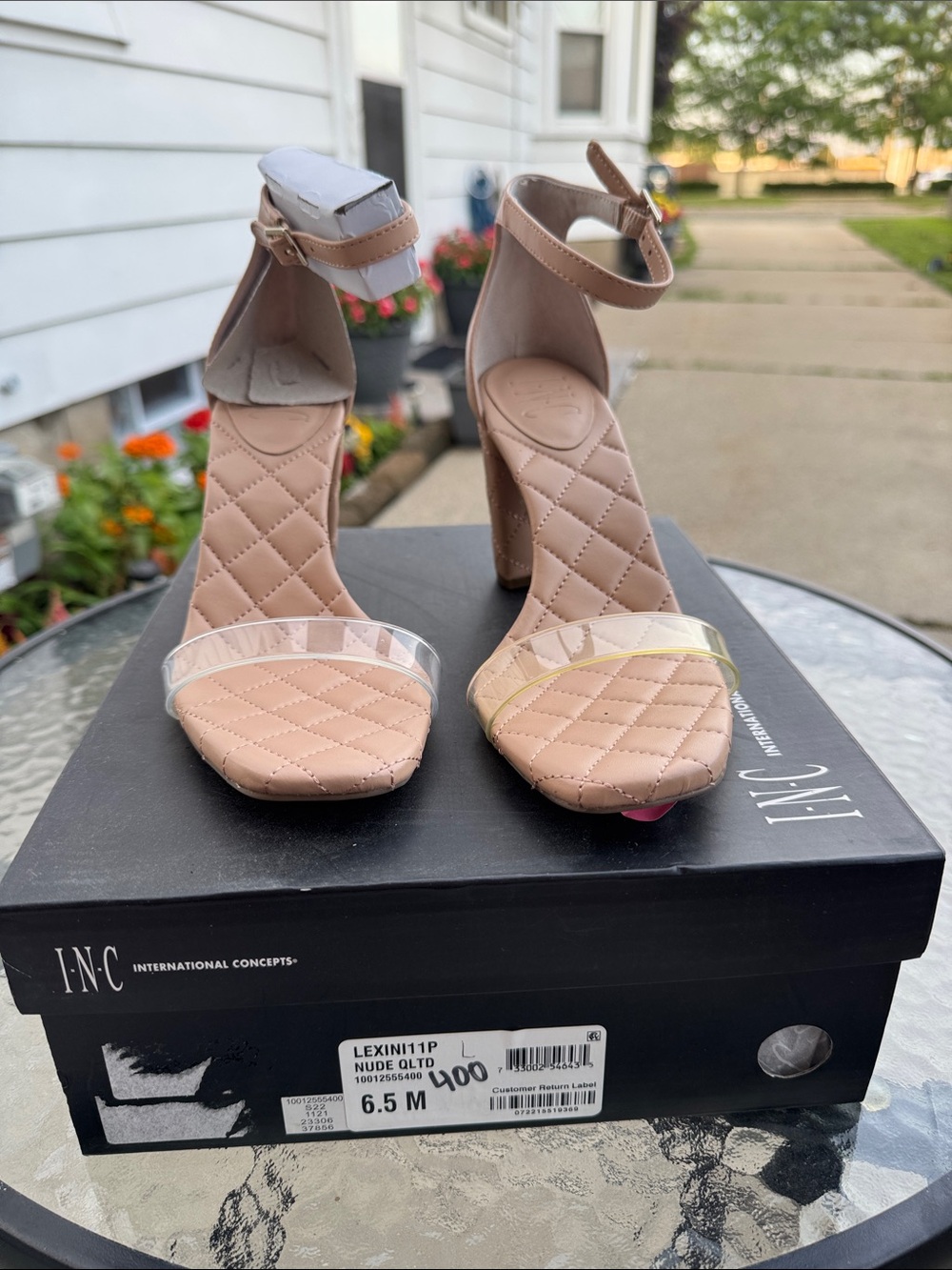 INC International Concepts Blush Quilted Block Heel Sandals with Clear Strap